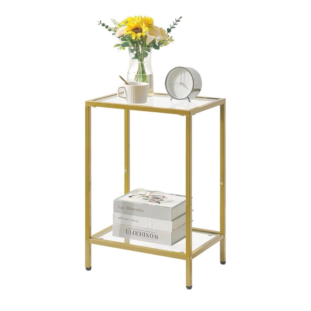 NIB YMYNY Gold Tempered Glass Side Table 2-Tier Narrow End Table